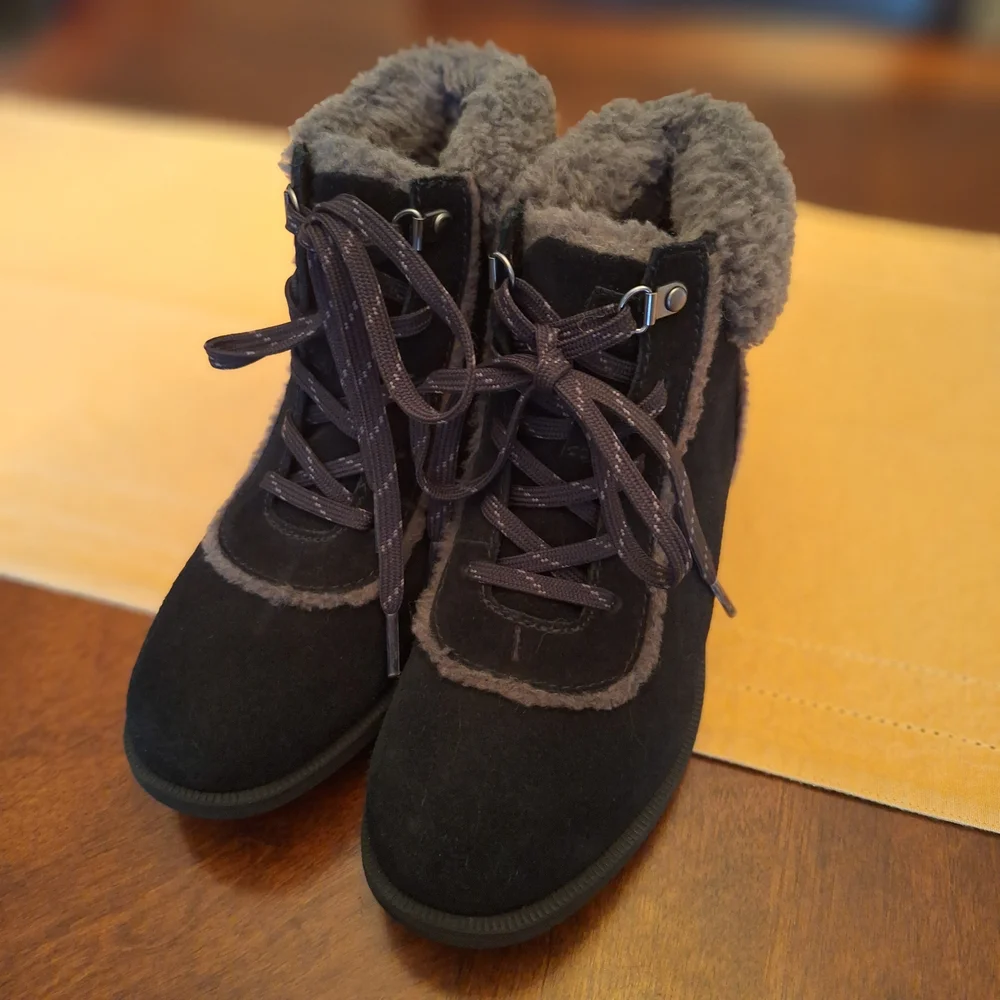 Womens Bodie Ugg Black Suede Fur-Trim Lace-Up Boots Winter Warm 6.5